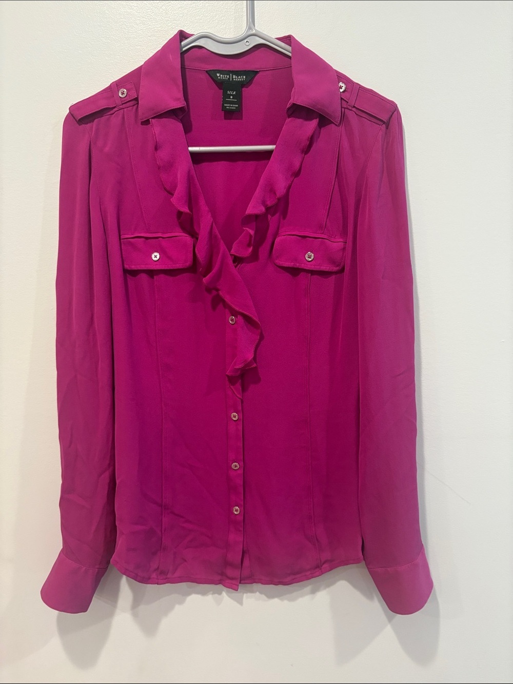 White House Black Market Ruffle-Trim Button- Blouse - Fuchsia ptp 18 length 25